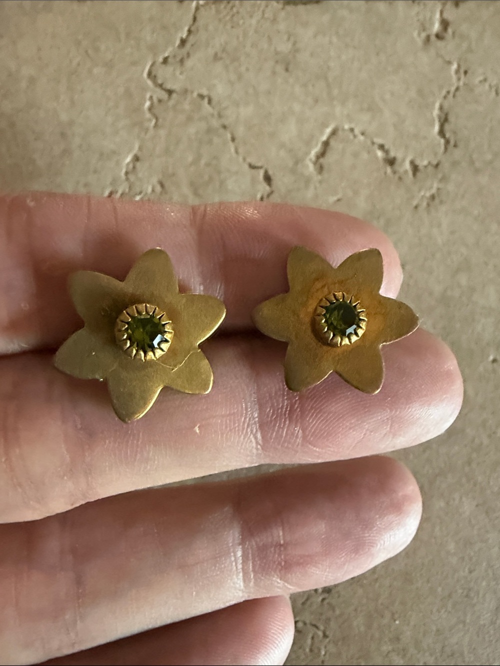 Feed Me Gems Gold Flower Stud Earrings with Olive Green Crystal